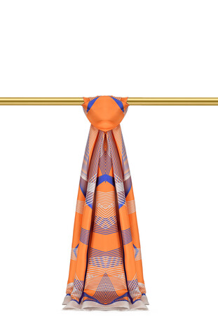 Orange Carousel Pattern Twill Silk Scarf - Thumbnail