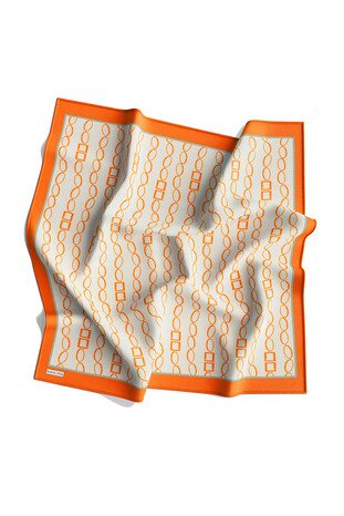 Orange Chain Pattern Twill Silk Square Scarf - Thumbnail