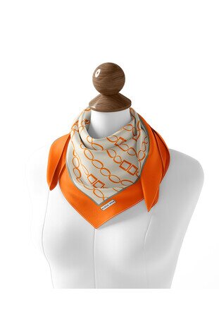 Orange Chain Pattern Twill Silk Square Scarf - Thumbnail