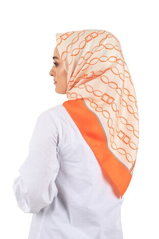 Orange Chain Pattern Twill Silk Square Scarf - Thumbnail