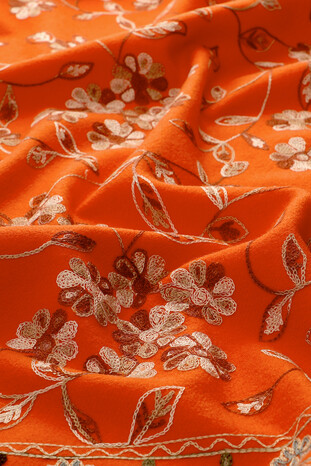 Orange Embroidered Winter Shawl - Thumbnail