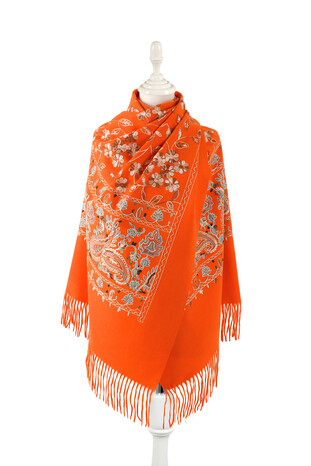 Orange Embroidered Winter Shawl - Thumbnail