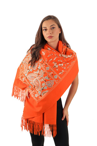 Orange Embroidered Winter Shawl - Thumbnail