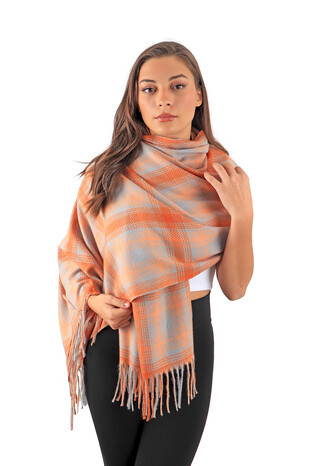 Orange Gray Patterned Winter Shawl - Thumbnail