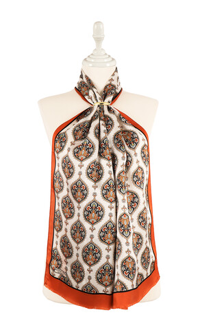 Orange Hatai Pattern Narrow Silk Foulard - Thumbnail