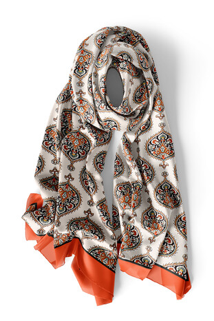 Orange Hatai Pattern Narrow Silk Foulard - Thumbnail