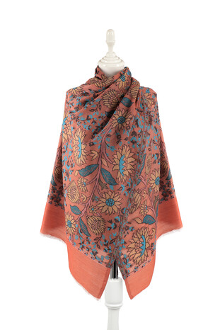 Orange Jacquard Patterned Wool Shawl - Thumbnail