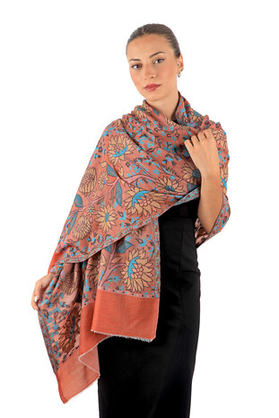 Orange Jacquard Patterned Wool Shawl - Thumbnail