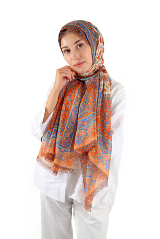 Orange Patterned Indian Silk Scarf - Thumbnail