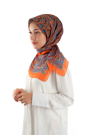 Orange Patterned Indian Silk Square Scarf - Thumbnail