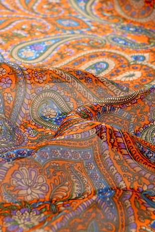 Orange Patterned Indian Silk Square Scarf - Thumbnail