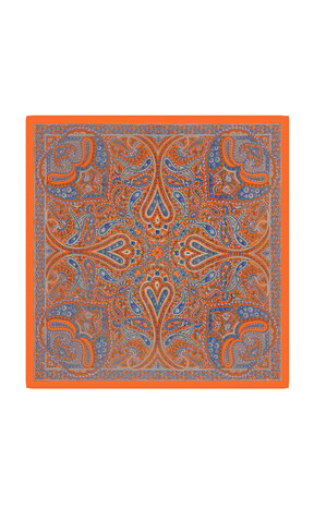 Orange Patterned Indian Silk Square Scarf - Thumbnail