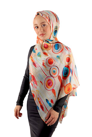 Orange Patterned Voile Silk Imported Scarf - Thumbnail