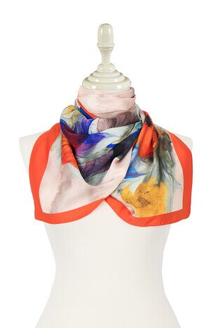 Orange Poppy Pattern Silky Foulard - Thumbnail