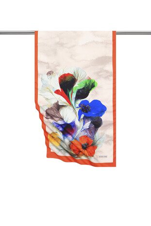 Orange Poppy Pattern Silky Foulard - Thumbnail