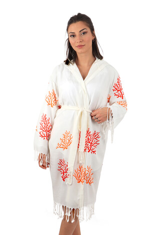 Orange Red Coral Pattern Bamboo Bathrobe - Thumbnail