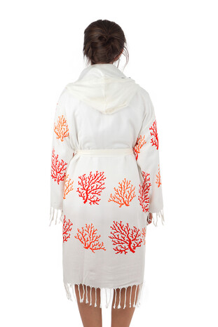 Orange Red Coral Pattern Bamboo Bathrobe - Thumbnail