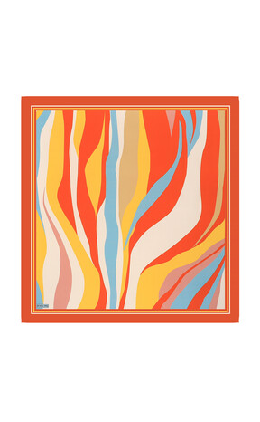 Orange Wave Pattern Twill Silk Square Scarf - Thumbnail