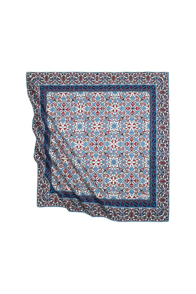 Petrol Blue Black Turkish Patterned Tile Pattern Silk Square Scarf 