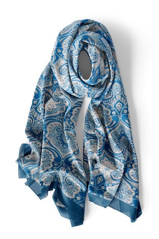 Petrol Blue Damask Pattern Silk Scarf - Thumbnail