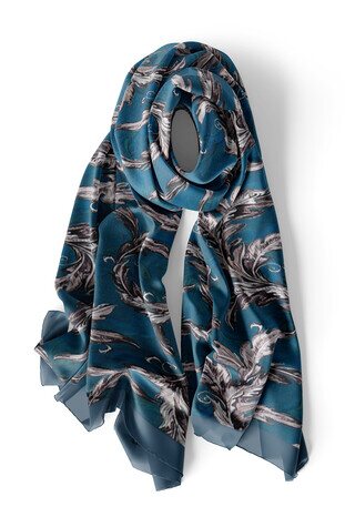 Petrol Blue Leaf Pattern Silk Scarf - Thumbnail