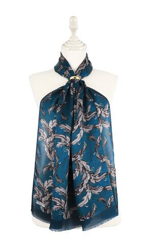 Petrol Blue Leaf Pattern Silk Scarf - Thumbnail