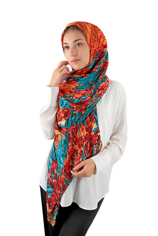 Petrol Blue Patterned Pleated Scarf - Thumbnail