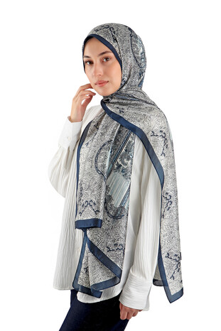 Petrol Blue Patterned Silk Look Shawl - Thumbnail