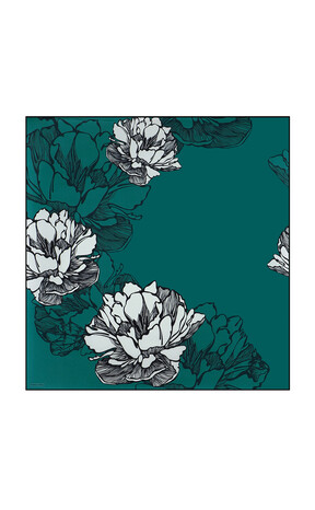 Petrol Green Begonia Pattern Sura Silk Square Scarf - Thumbnail