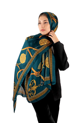 Petrol Green Belt Pattern Sura Silk Scarf - Thumbnail