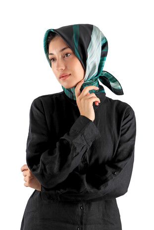 Petrol Green Breeze Pattern Twill Silk Square Scarf - Thumbnail