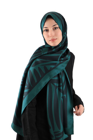 Petrol Green Crop Pattern Twill Silk Scarf - Thumbnail