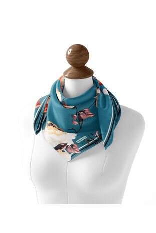 Petrol Green Floral Twill Silk Square Scarf - Thumbnail