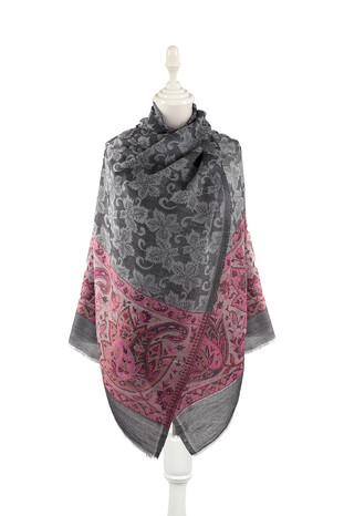 Pink Border Patterned Wool Shawl - Thumbnail