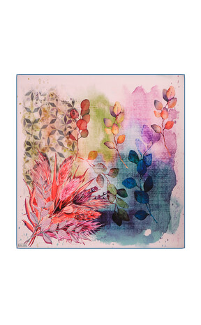 Pink Botanical Pattern Sura Silk Square Scarf - Thumbnail