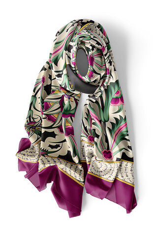 Plum Golden Horn Pattern Silk Foulard - Thumbnail