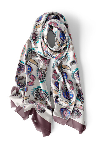 Plum Iznik Pattern Narrow Silk Foulard - Thumbnail