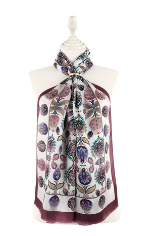 Plum Iznik Pattern Narrow Silk Foulard - Thumbnail