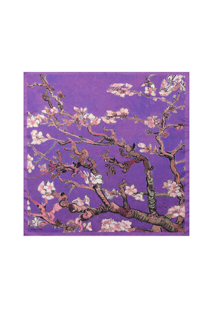 Purple Almond Blossom Pattern Silky Pocket Square - Thumbnail