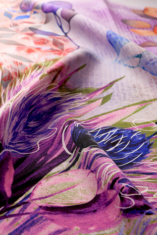 Purple Botanical Pattern Sura Silk Square Scarf - Thumbnail