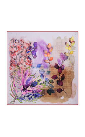 Purple Botanical Pattern Sura Silk Square Scarf - Thumbnail