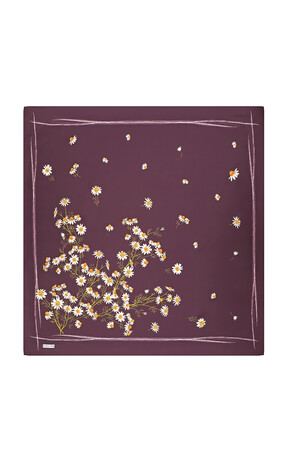 Purple Daisy Pattern Twill Silk Square Scarf - Thumbnail