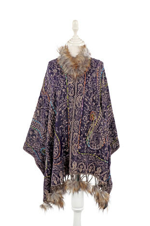 Purple Embroidered Fur Pompom Winter Shawl - Thumbnail