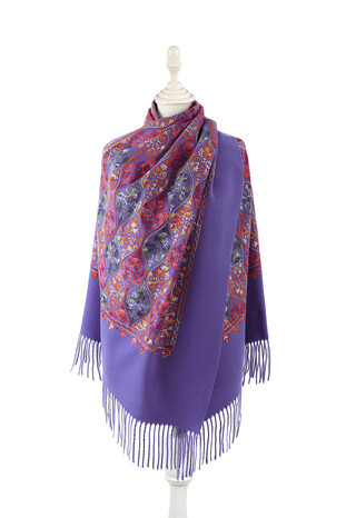 Purple Embroidered Winter Shawl - Thumbnail