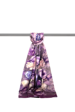 Purple Flower Pattern Silky Scarf - Thumbnail