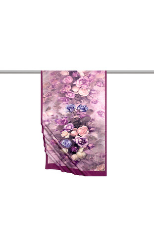 Purple Flower Pattern Silky Scarf - Thumbnail