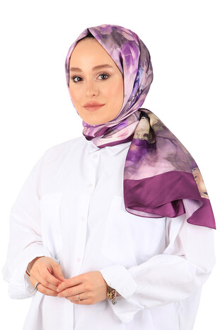 Purple Flower Pattern Silky Scarf - Thumbnail