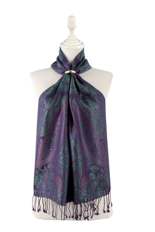 Purple Green Jamawar Woven Silk Foulard - Thumbnail