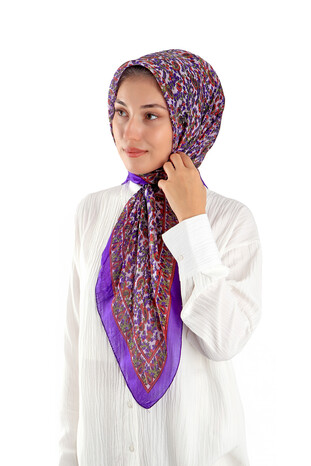 Purple Patterned Indian Silk Square Scarf - Thumbnail