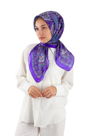 Purple Patterned Indian Silk Square Scarf - Thumbnail